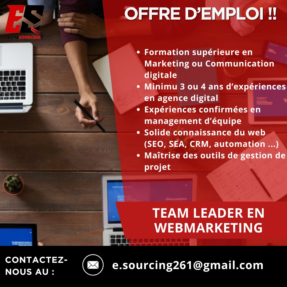 Recrutement d'un Team Leader en Webmarketing
